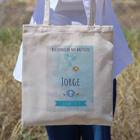 Bolsa de tela personalizada Bautizo "Globos niño" Detalles de bautizo - Detalles personalizables para Bautizo