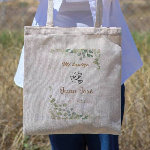 Bolsa de tela personalizada Bautizo "Hojas" Detalles de bautizo - Detalles personalizables para Bautizo