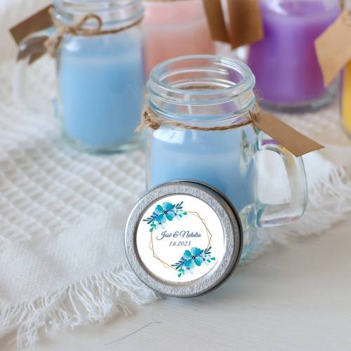 Vela personalizada en jarrita "Modelo boda Azul" Detalles personalizados boda - Velas personalizadas boda