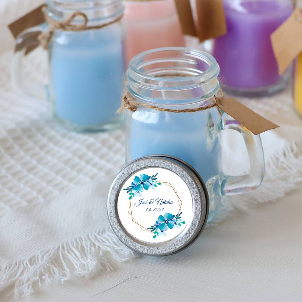 Vela personalizada en jarrita "Modelo boda Azul" Detalles personalizados boda - Velas personalizadas boda