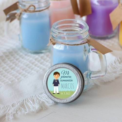 Vela personalizada en jarrita "Modelo comunión Marcos" Detalles personalizados comunión - Velas personalizadas comunión