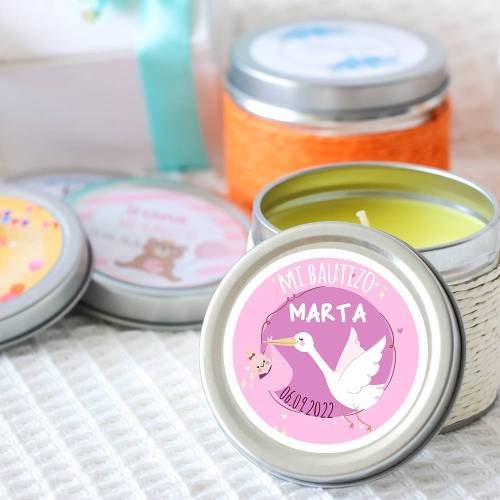 Vela personalizada aromática "Cigüeña" detalles bautizo - Velas personalizadas bautizo