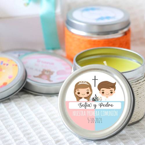 Vela personalizada aromática "Mellizos" detalles comunión - Velas personalizadas comunión