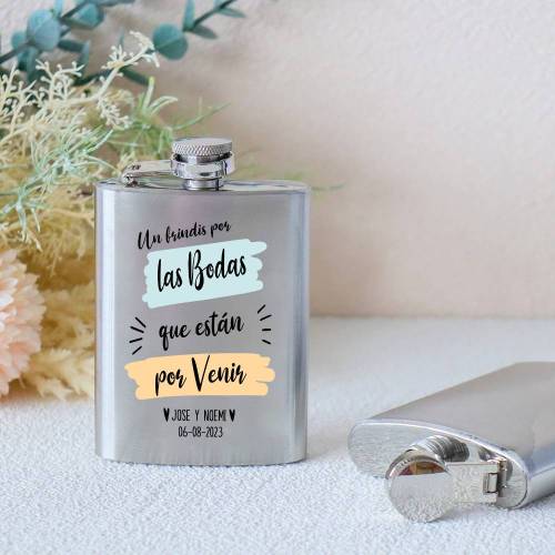 Petaca personalizada boda "Un brindis por las bodas que están por venir" Petaca personalizada con frase - Petaca personalizada b