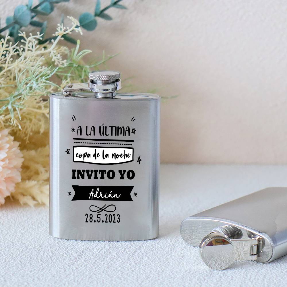 Petaca personalizada boda "A la última copa de la noche invito yo" Petaca personalizada con frase - Petaca personalizada boda