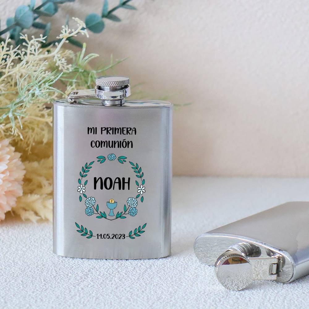 Petaca personalizada comunión "Flores y cáliz" Petaca personalizada con frase - Petacas personalizadas comunión