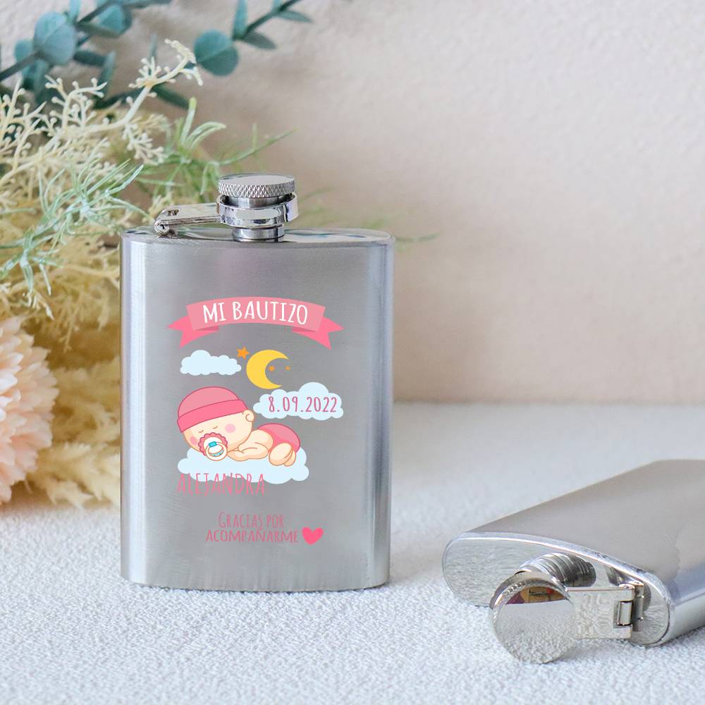 Petaca personalizada bautizo "Niña durmiendo" Petaca personalizada con frase - Petaca personalizada bautizo