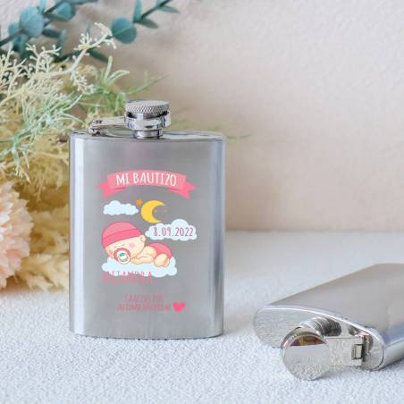 Petaca personalizada bautizo "Niña durmiendo" Petaca personalizada con frase - Petaca personalizada bautizo