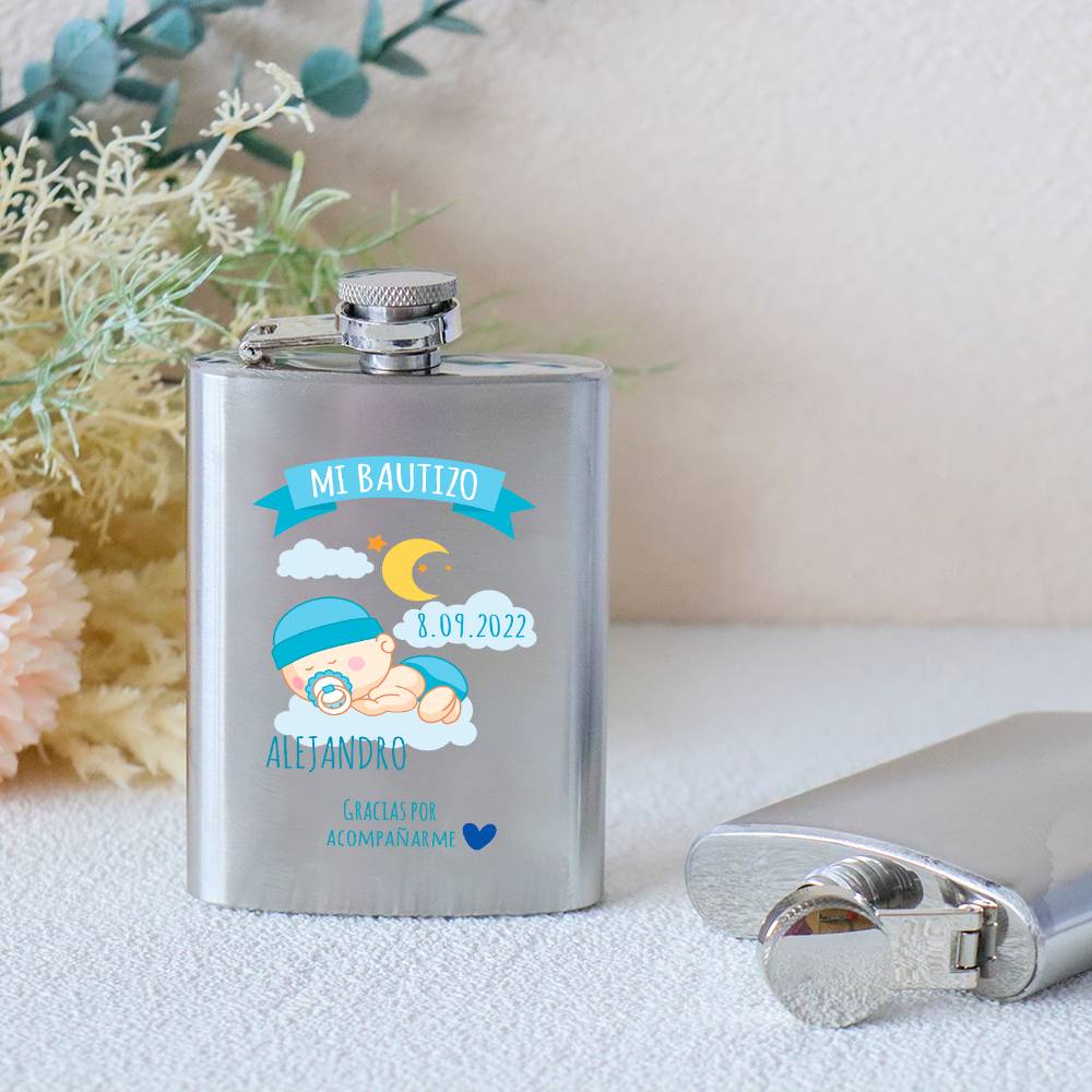 Petaca personalizada bautizo "Niño durmiendo" Petaca personalizada con frase - Petaca personalizada bautizo