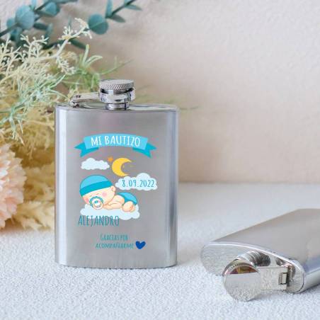 Petaca personalizada bautizo "Niño durmiendo" Petaca personalizada con frase - Petaca personalizada bautizo