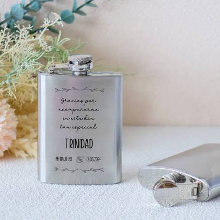 Petaca personalizada bautizo "Gracias por acompañarme" Petaca personalizada con frase - Petaca personalizada bautizo