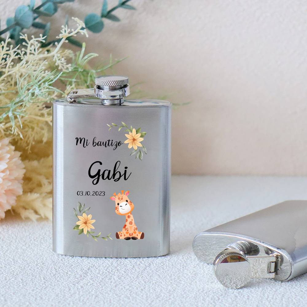 Petaca personalizada bautizo "Jirafa" Petaca personalizada con frase - Petaca personalizada bautizo