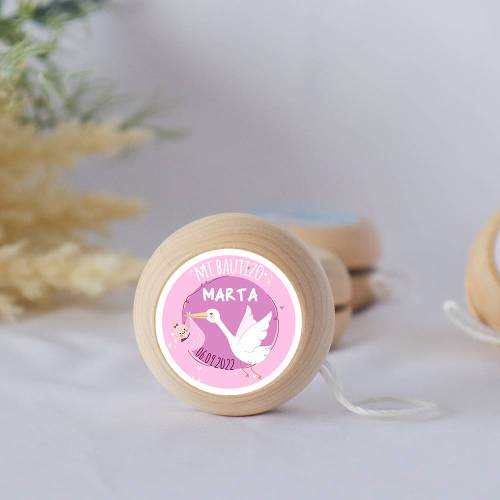 Yoyo pegatina personalizada modelo Cigüeña para niña bautizo - Yoyo personalizado bautizo