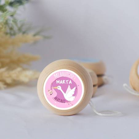 Yoyo pegatina personalizada modelo Cigüeña para niña bautizo - Yoyo personalizado bautizo