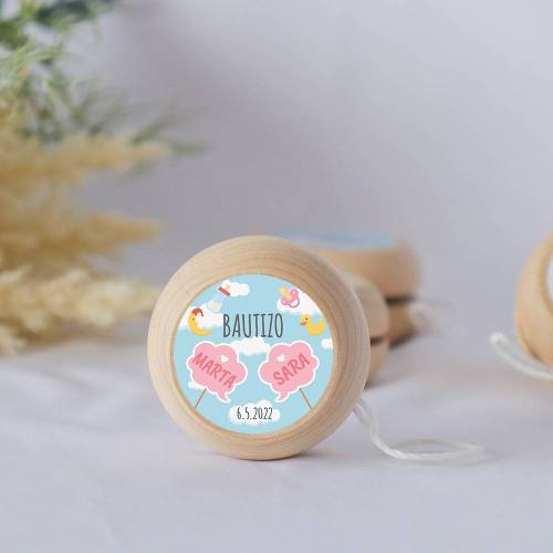 Yoyo pegatina personalizada modelo Gemelas para niña bautizo - Yoyo personalizado bautizo