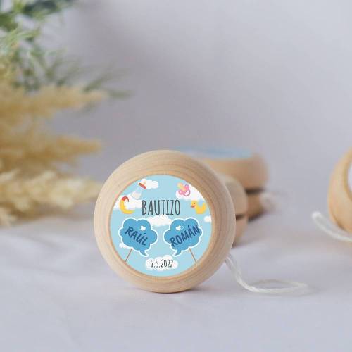 Yoyo pegatina personalizada modelo Gemelos para niño bautizo - Yoyo personalizado bautizo