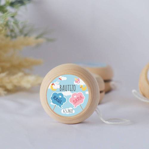 Yoyo pegatina personalizada modelo Mellizos para niño bautizo - Yoyo personalizado bautizo