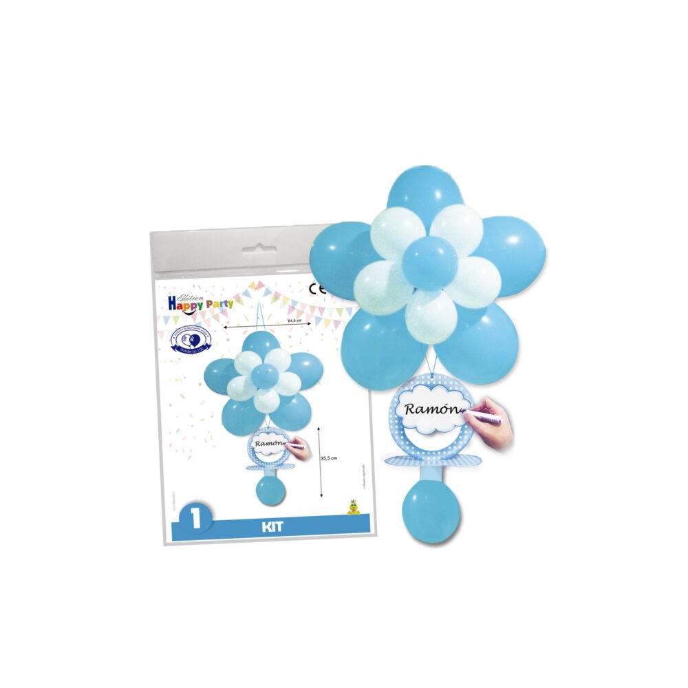 Kit Decoración Bautizo Globos Flor y Chupete Azul - Decoración De Bautizo