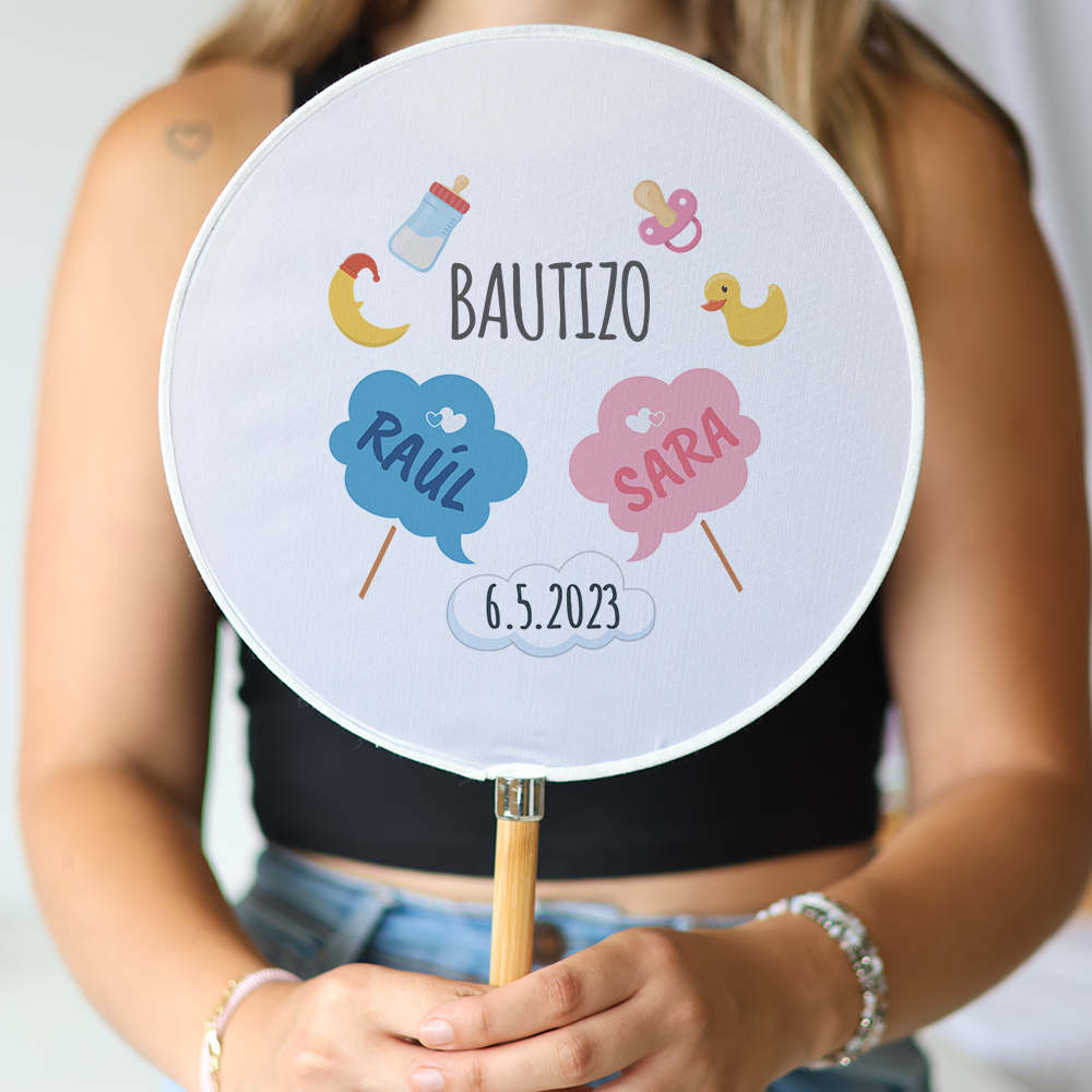 Abanico personalizado para bautizo "Modelo Mellizos nubes" Detalles para invitados de bautizo - Abanicos personalizados bautizo