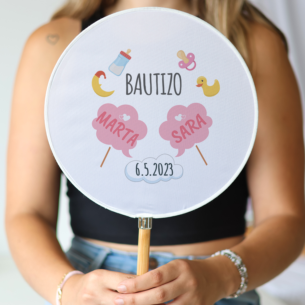Abanico personalizado para bautizo "Modelo Gemelas nubes" Detalles para invitados de bautizo - Abanicos personalizados bautizo