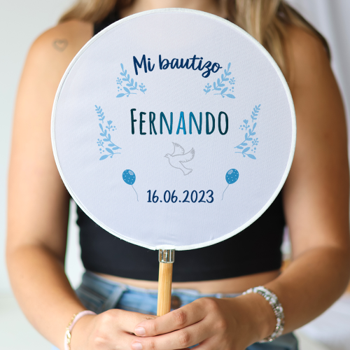 Abanico personalizado para bautizo "Modelo Paloma Fernando" Detalles para invitados de bautizo - Abanicos personalizados bautizo