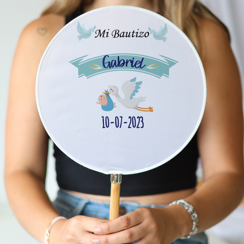 Abanico personalizado para bautizo "Modelo Gabriel Cigüeña" Detalles para invitados de bautizo - Abanicos personalizados bautizo
