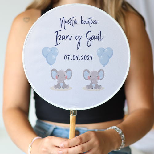 Abanico personalizado para bautizo "Modelo Gemelos elefantes" Detalles para invitados de bautizo - Abanicos personalizados bauti