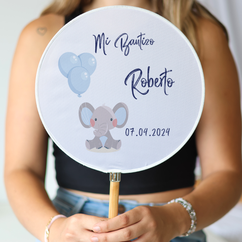 Abanico personalizado para bautizo "Modelo Elefante niño" Detalles para invitados de bautizo - Abanicos personalizados bautizo