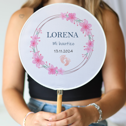 Abanico personalizado para bautizo "Modelo Huellas niña" Detalles para invitados de bautizo - Abanicos personalizados bautizo