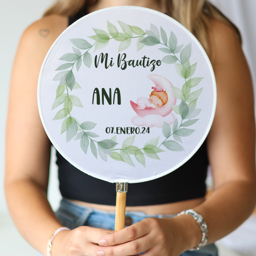 Abanico personalizado para bautizo "Modelo Hojas niña" Detalles para invitados de bautizo - Abanicos personalizados bautizo