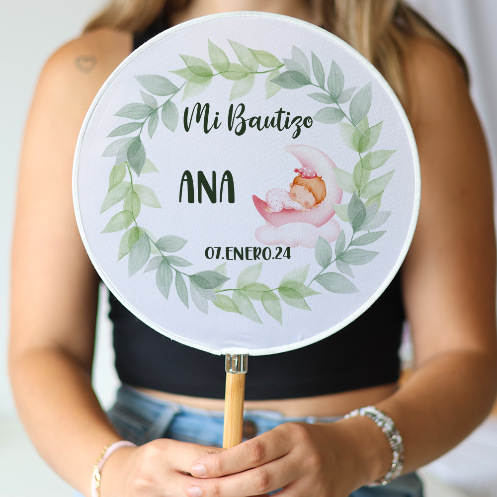 Abanico personalizado para bautizo "Modelo Hojas niña" Detalles para invitados de bautizo - Abanicos personalizados bautizo