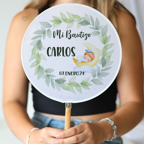 Abanico personalizado para bautizo "Modelo Hojas niño" Detalles para invitados de bautizo - Abanicos personalizados bautizo