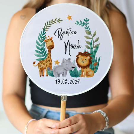 Abanico personalizado para bautizo "Modelo Selva" Detalles para invitados de bautizo - Abanicos personalizados bautizo