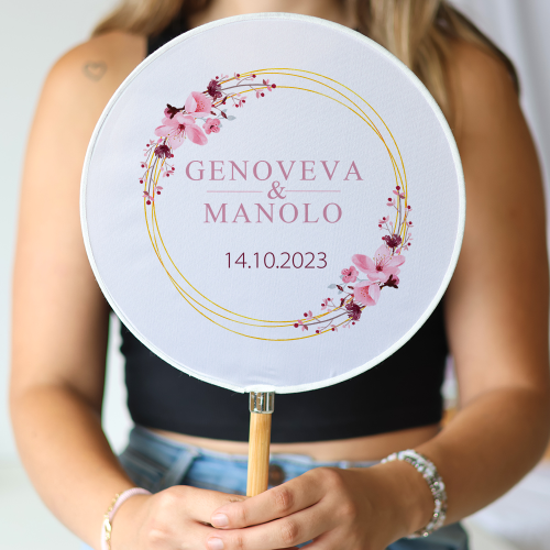 Abanico personalizado para boda "Modelo Pink Crown" Detalles para invitados de boda - Abanicos personalizados boda