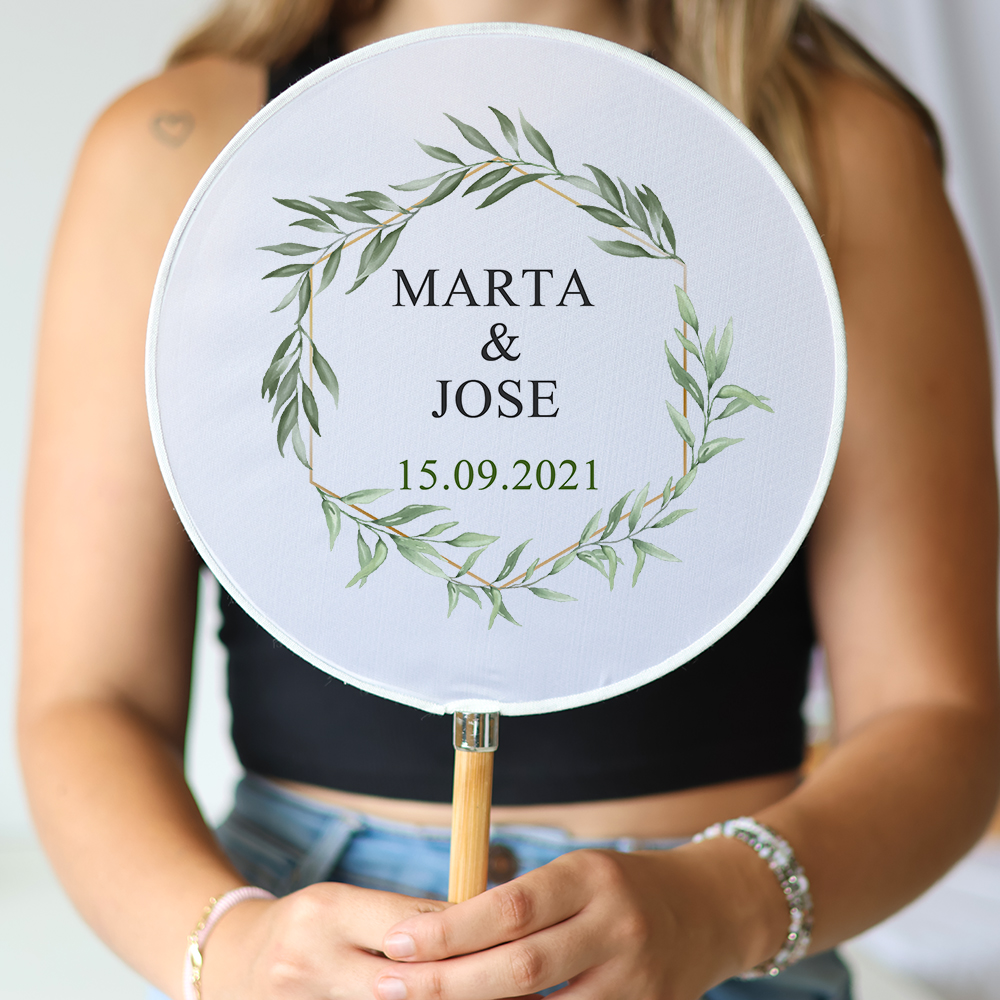 Abanico personalizado para boda "Modelo Hojas" Detalles para invitados de boda - Abanicos personalizados boda