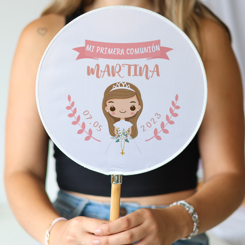 Abanico personalizado para comunión "Modelo Martina rosa" Detalles para invitados de comunión - Abanicos personalizados comunión