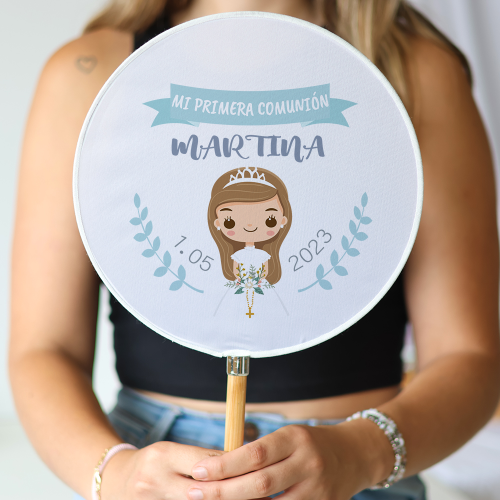 Abanico personalizado para comunión "Modelo Martina azul" Detalles para invitados de comunión - Abanicos personalizados comunión