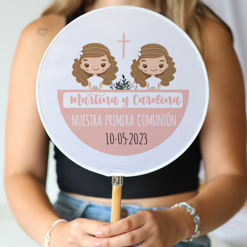 Abanico personalizado para comunión "Modelo Gemelas" Detalles para invitados de comunión - Abanicos personalizados comunión