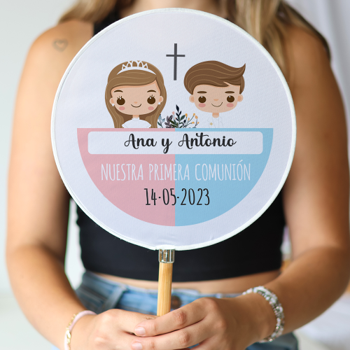 Abanico personalizado para comunión "Modelo Mellizos" Detalles para invitados de comunión - Abanicos personalizados comunión