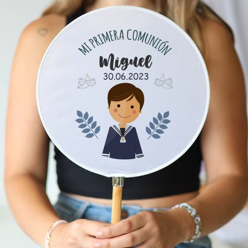 Abanico personalizado para comunión "Modelo León" Detalles para invitados de comunión - Abanicos personalizados comunión