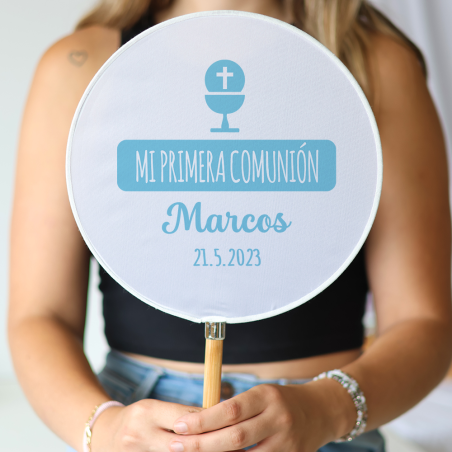Abanico personalizado para comunión "Modelo Cielo" Detalles para invitados de comunión - Abanicos personalizados comunión