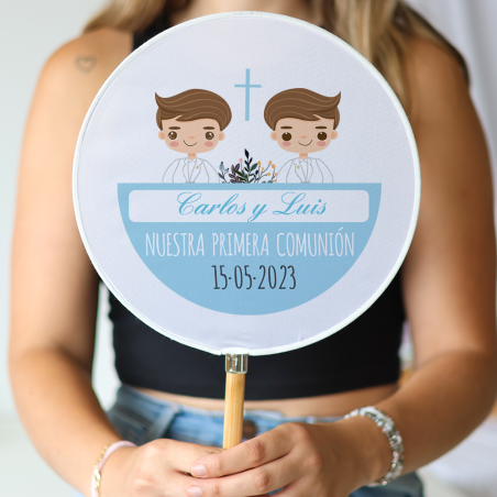 Abanico personalizado para comunión "Modelo Gemelos" Detalles para invitados de comunión - Abanicos personalizados comunión