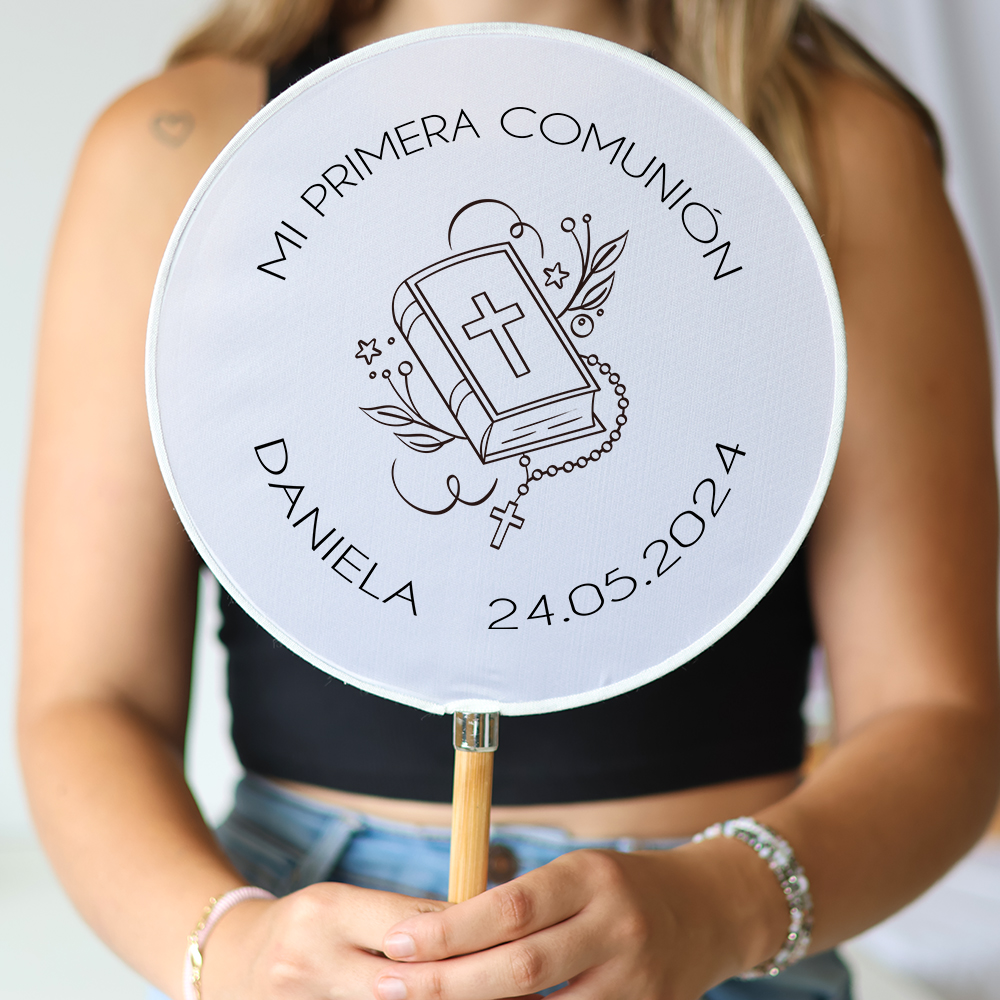 Abanico personalizado para comunión "Modelo Libro" Detalles para invitados de comunión - Abanicos personalizados comunión