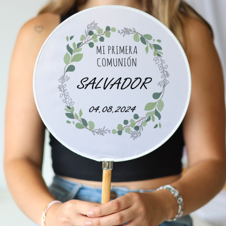 Abanico personalizado para comunión "Modelo Arco y Ramas" Detalles para invitados de comunión - Abanicos personalizados comunión