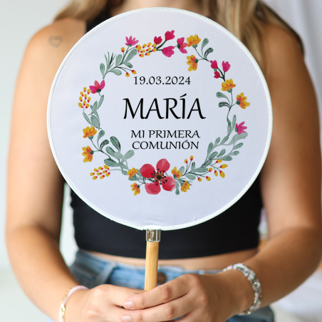 Abanico personalizado para comunión "Modelo Jardín" Detalles para invitados de comunión - Abanicos personalizados comunión