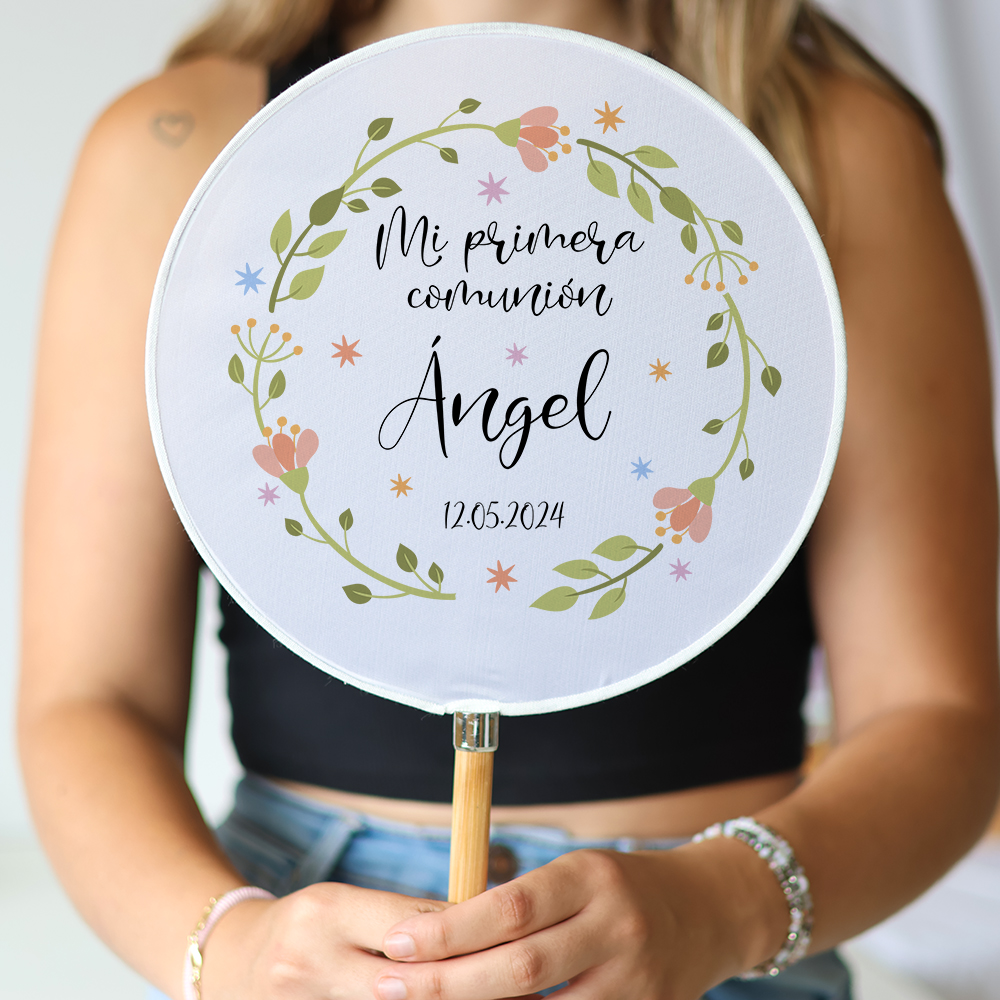 Abanico personalizado para comunión "Modelo Primavera" Detalles para invitados de comunión - Abanicos personalizados comunión