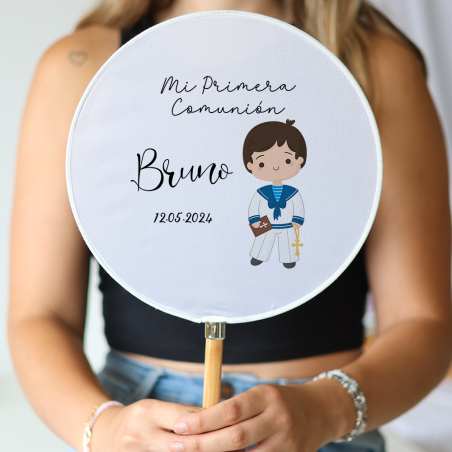 Abanico personalizado para comunión "Modelo Beige niño" Detalles para invitados de comunión - Abanicos personalizados comunión