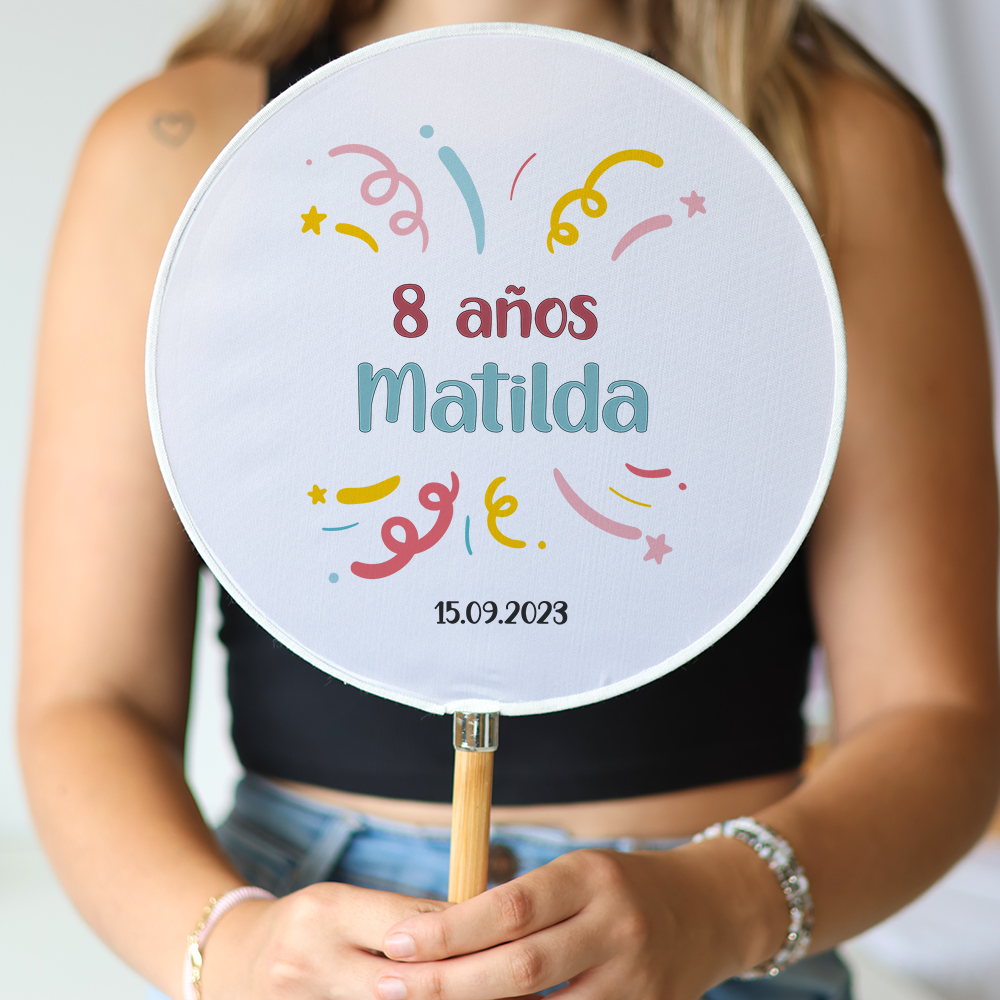 Abanico personalizado para cumpleaños "Modelo Confeti" Detalles para invitados de cumpleaños - abanicos personalizados cumpleaño