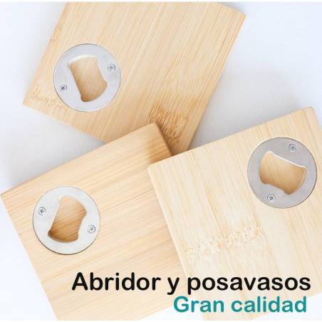 Abridor de botellas y posavasos de madera Detalles para invitados de boda - Detalles Boda Hombre