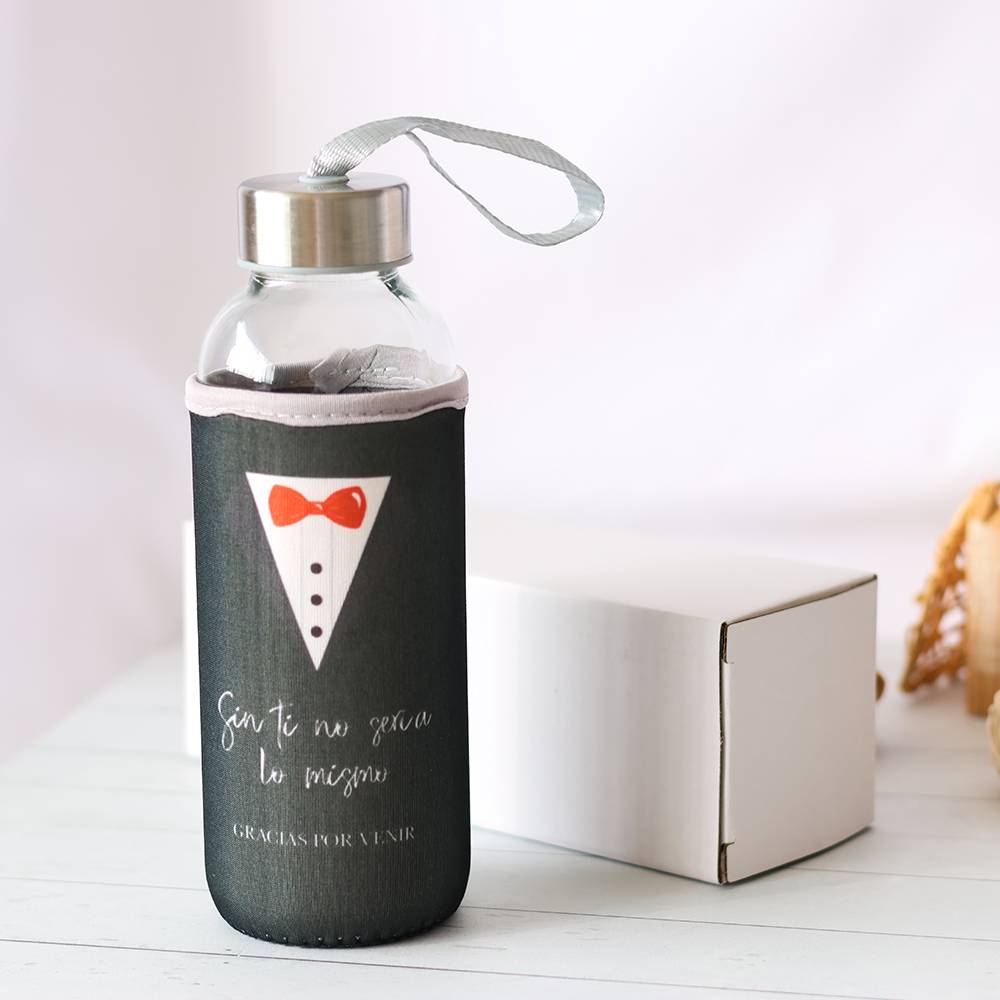 Botella de cristal con funda para boda, Diseño esmoquin, Detalles para invitados boda - Detalles boda unisex